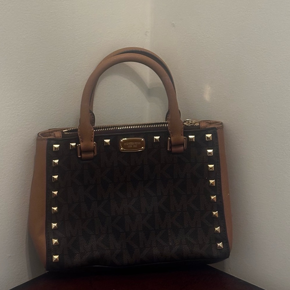 Michael Kors Brown & Tan Studded Satchel – Signature MK Bag